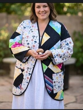 Handmade Vtg Quilt & Mushrooms Duster Coat XL upcycled Don't Throw It Out